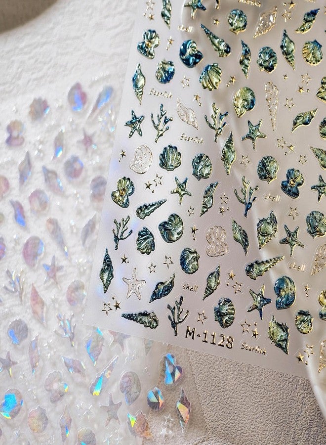 Maigitur Laser Ocean Nail Stickers Gold Conch Nail Designs Self-Adhesive Silver Shell Nail Decals 5D Embossed Aurora Starfish Summer Sticker Manicure Accessories for Women Girls DIY Acrylic Nails 2 Sheets - Image 1